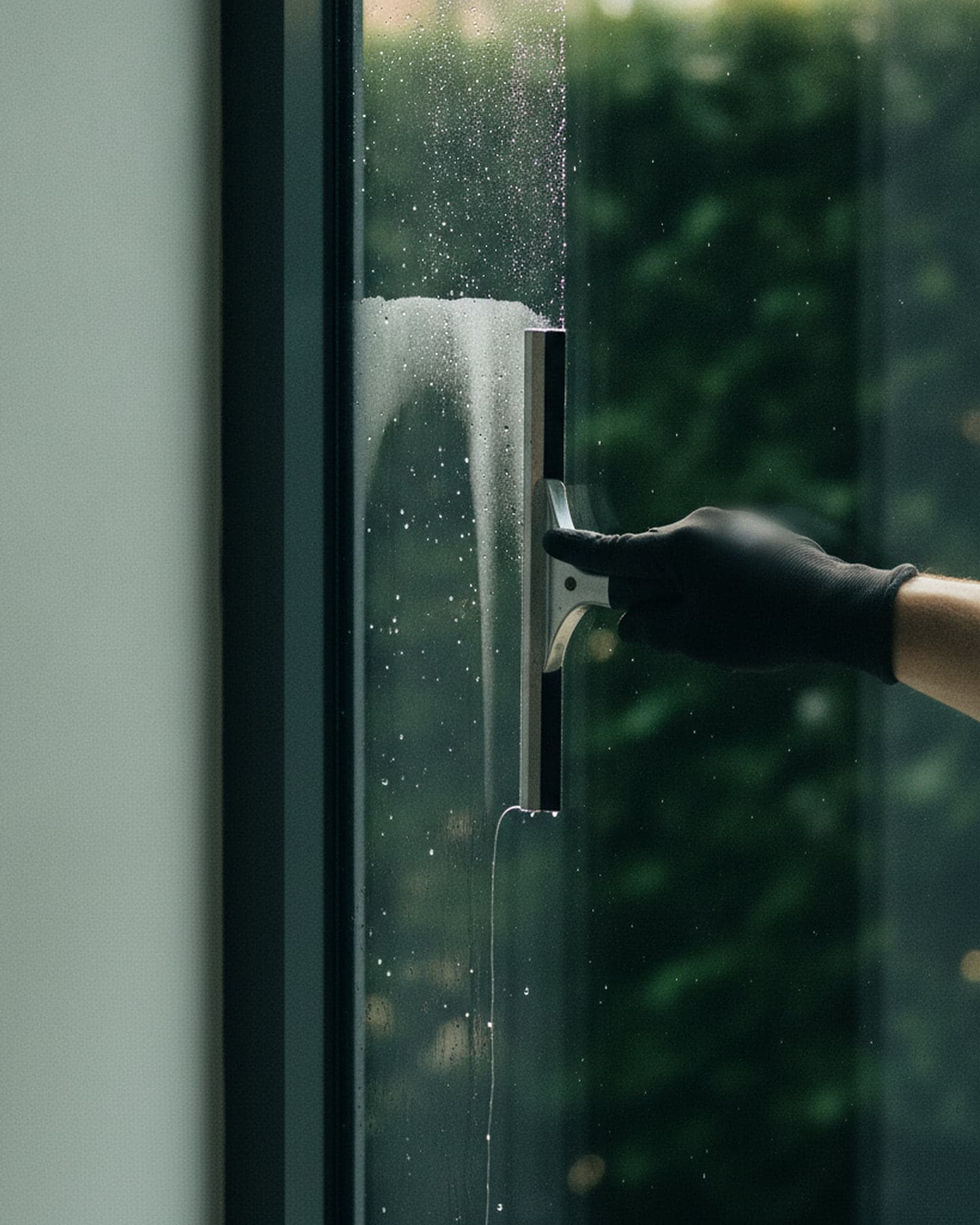 Behandschuhte Hand zieht einen Abzieher über eine nasse Fensterscheibe, dahinter unscharf ein grüner Garten