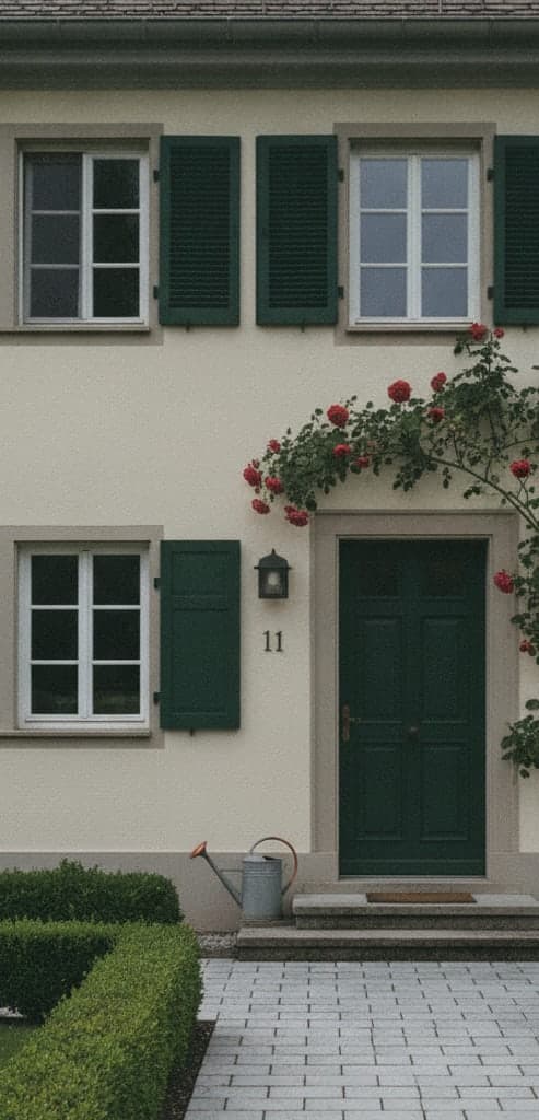 Vorderseite eines gepflegten Wohnhauses mit hellem Putz, dunkelgrünen Fensterläden, geschnittener Buchshecke und sauberem Plattenweg